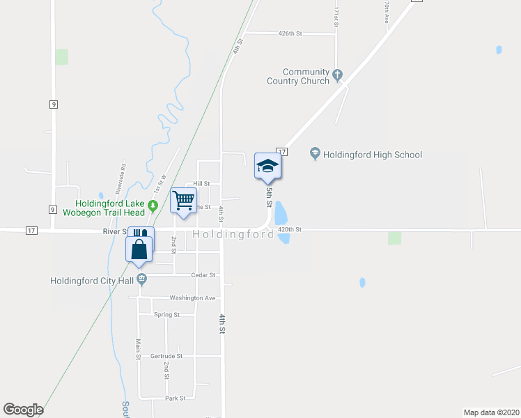 map of restaurants, bars, coffee shops, grocery stores, and more near 751 5th Street in Holdingford