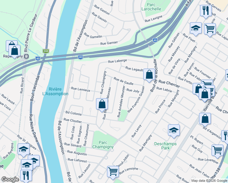 map of restaurants, bars, coffee shops, grocery stores, and more near 273 Rue Napoléon Provost in Repentigny