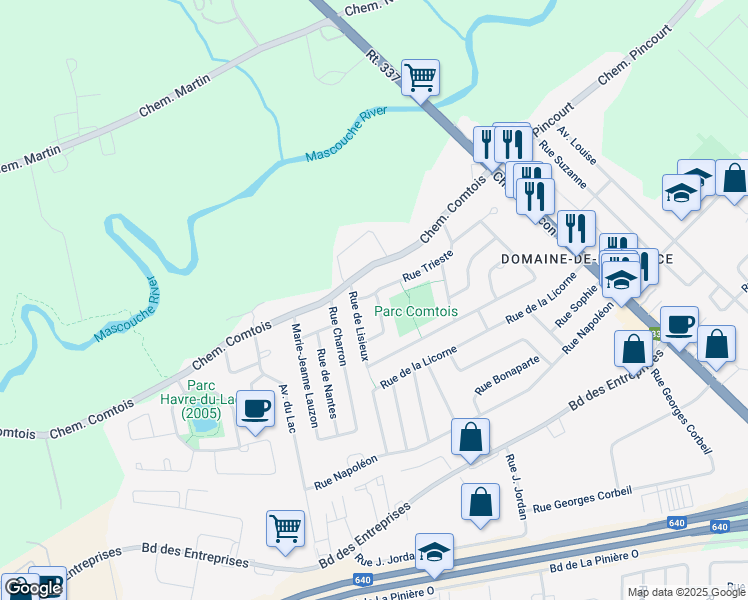 map of restaurants, bars, coffee shops, grocery stores, and more near 3104 Rue de Lodève in Terrebonne