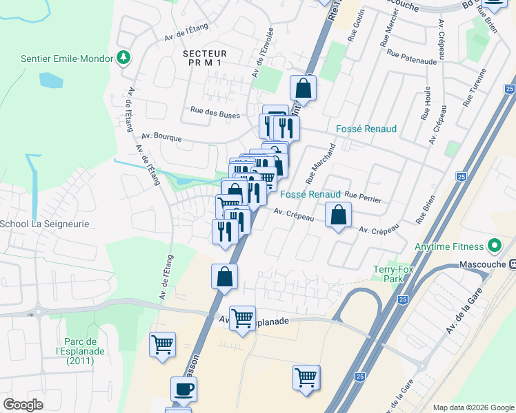 map of restaurants, bars, coffee shops, grocery stores, and more near 273 Rue Crépeau in Mascouche