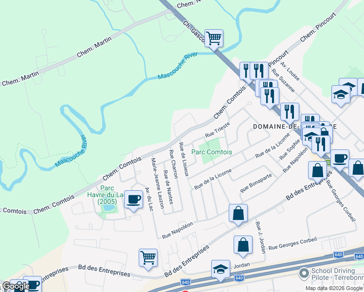 map of restaurants, bars, coffee shops, grocery stores, and more near 2597 Rue Trieste in Terrebonne