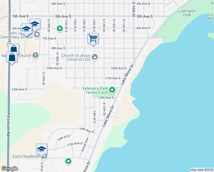 map of restaurants, bars, coffee shops, grocery stores, and more near 1200-1224 12th Avenue South in Escanaba