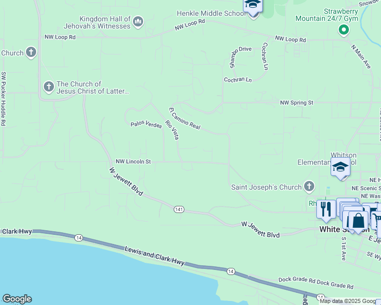 map of restaurants, bars, coffee shops, grocery stores, and more near 25 Rio Vista in White Salmon