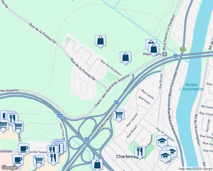map of restaurants, bars, coffee shops, grocery stores, and more near 172 Rue de la Presqu'île in Charlemagne
