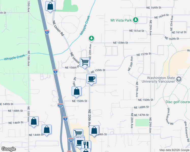 map of restaurants, bars, coffee shops, grocery stores, and more near 2102 Northeast 154th Circle in Vancouver