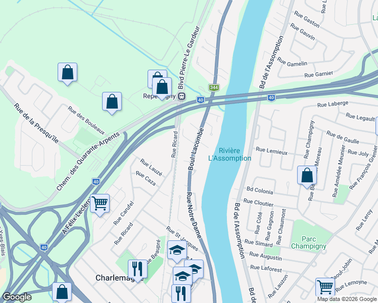 map of restaurants, bars, coffee shops, grocery stores, and more near 25 Boulevard Lacombe in Repentigny