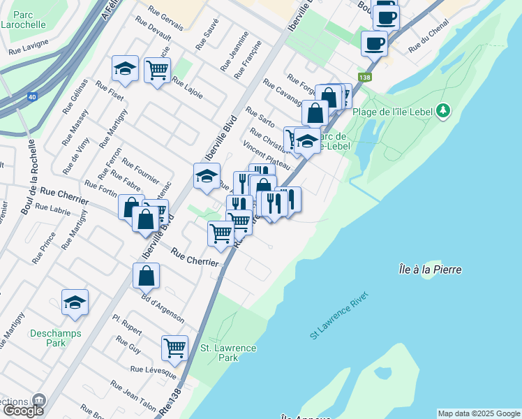 map of restaurants, bars, coffee shops, grocery stores, and more near 60 Rue Aqueduc in Repentigny