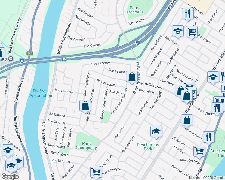 map of restaurants, bars, coffee shops, grocery stores, and more near 125 Rue Joly in Repentigny