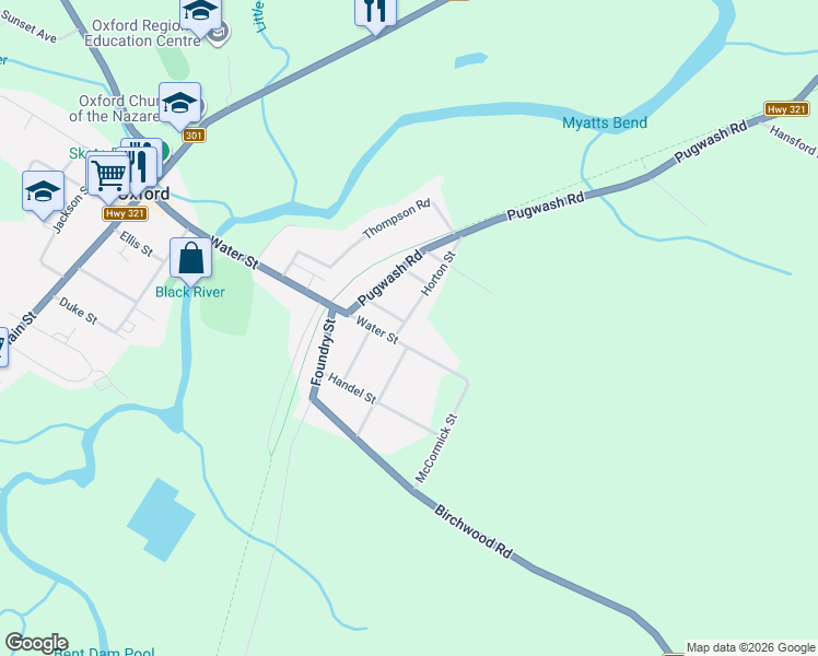map of restaurants, bars, coffee shops, grocery stores, and more near 391 Water Street in Oxford