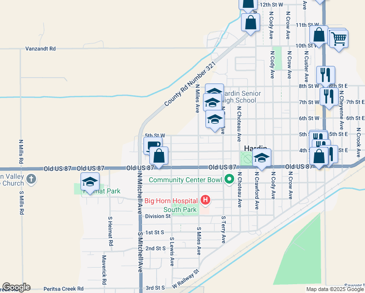 map of restaurants, bars, coffee shops, grocery stores, and more near 704 4th Street West in Hardin