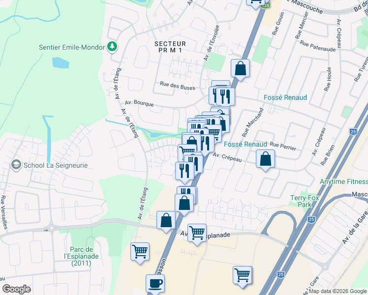 map of restaurants, bars, coffee shops, grocery stores, and more near 356 Avenue Crépeau in Mascouche