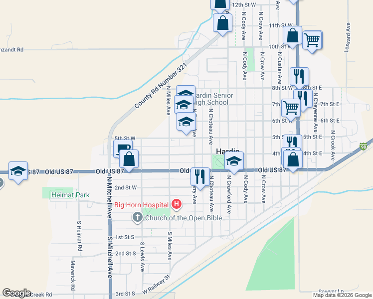 map of restaurants, bars, coffee shops, grocery stores, and more near in Hardin