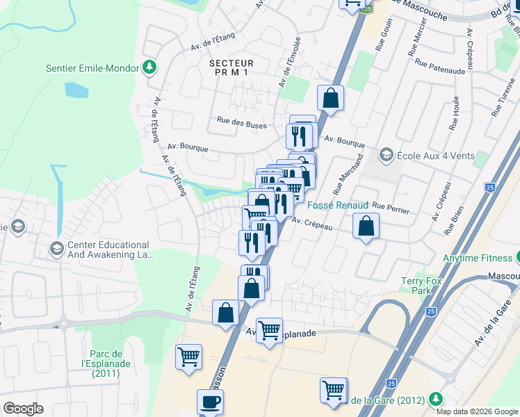 map of restaurants, bars, coffee shops, grocery stores, and more near 393 Avenue Crépeau in Mascouche