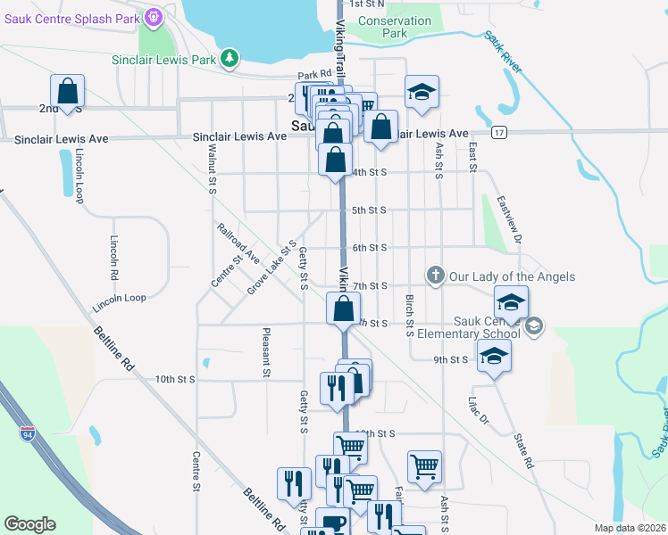 map of restaurants, bars, coffee shops, grocery stores, and more near 515 7th Street South in Sauk Centre