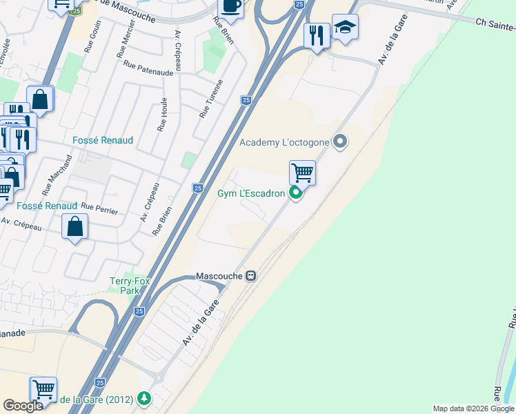 map of restaurants, bars, coffee shops, grocery stores, and more near 1431 Avenue de la Gare in Mascouche