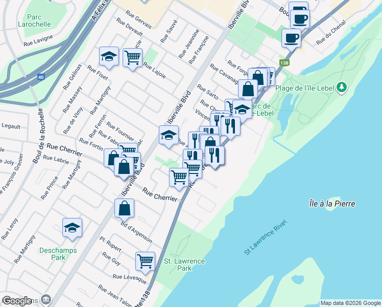 map of restaurants, bars, coffee shops, grocery stores, and more near 72 Rue de l'Aqueduc in Repentigny