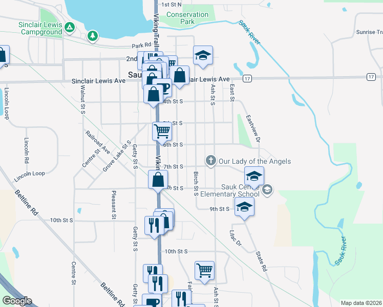 map of restaurants, bars, coffee shops, grocery stores, and more near 614 Birch Street South in Sauk Centre