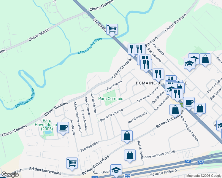map of restaurants, bars, coffee shops, grocery stores, and more near 2621 Rue de Trieste in Terrebonne