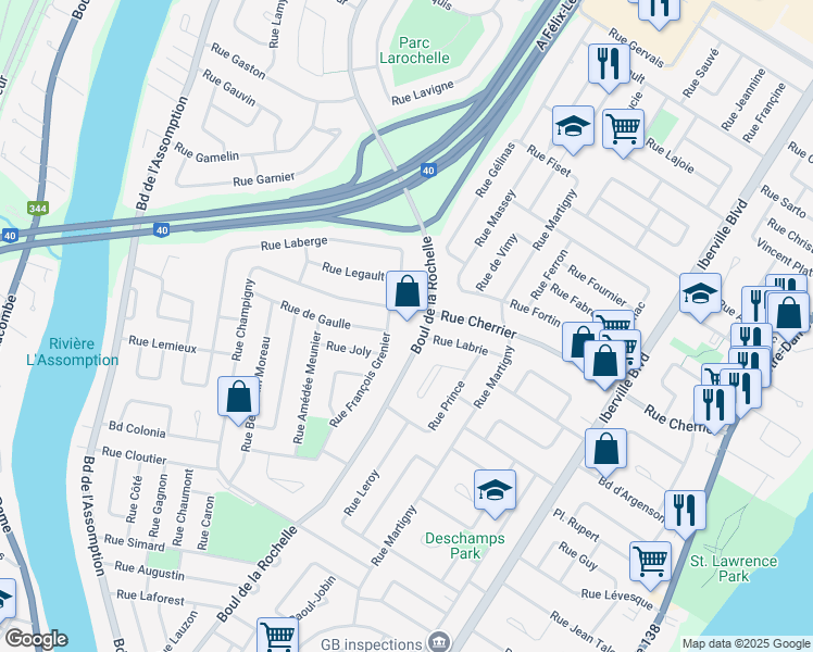 map of restaurants, bars, coffee shops, grocery stores, and more near 105 Rue Cherrier in Repentigny