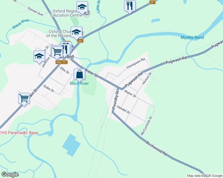 map of restaurants, bars, coffee shops, grocery stores, and more near 232 Nova Scotia 204 in Oxford