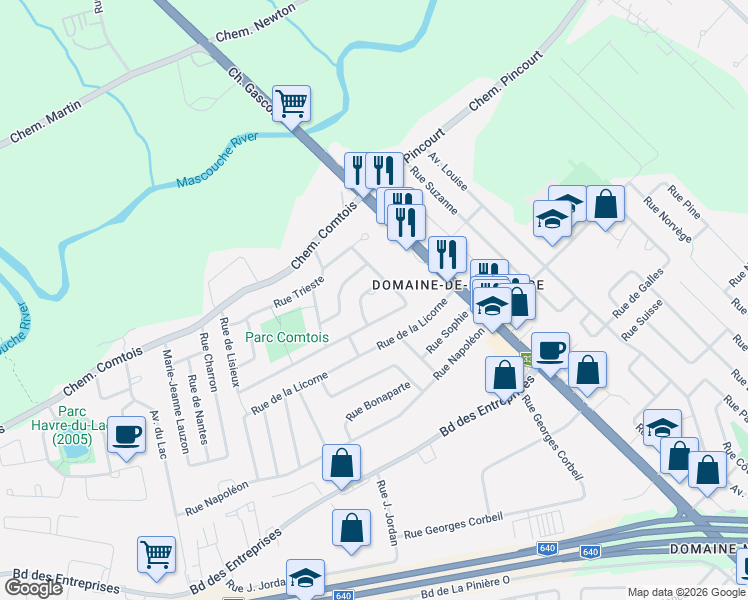map of restaurants, bars, coffee shops, grocery stores, and more near 3274 Rue de Lyon in Terrebonne