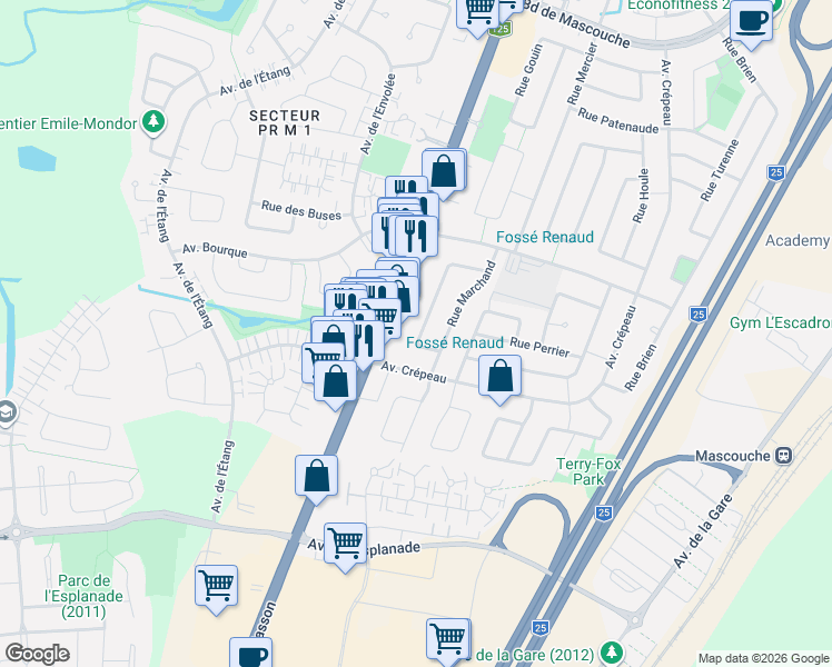 map of restaurants, bars, coffee shops, grocery stores, and more near 559 Rue Chauveau in Mascouche