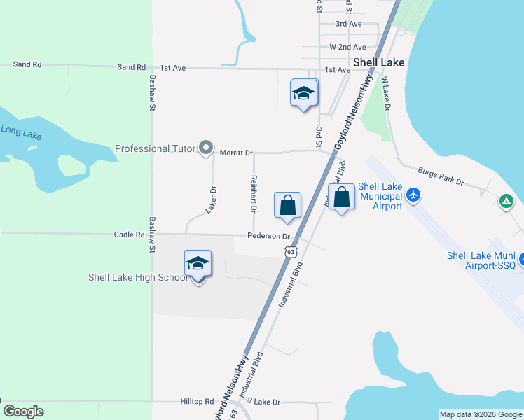 map of restaurants, bars, coffee shops, grocery stores, and more near 115 Reinhart Drive in Shell Lake