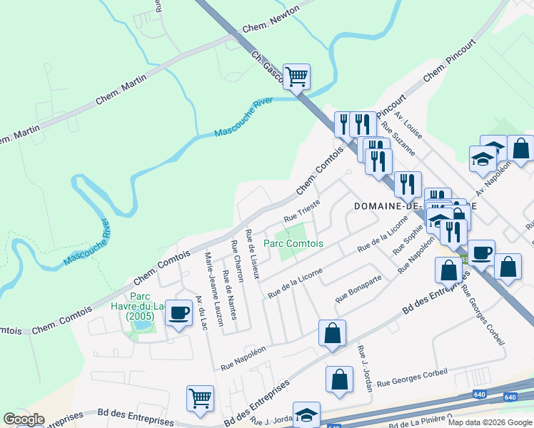 map of restaurants, bars, coffee shops, grocery stores, and more near 3110 Chemin Comtois in Terrebonne