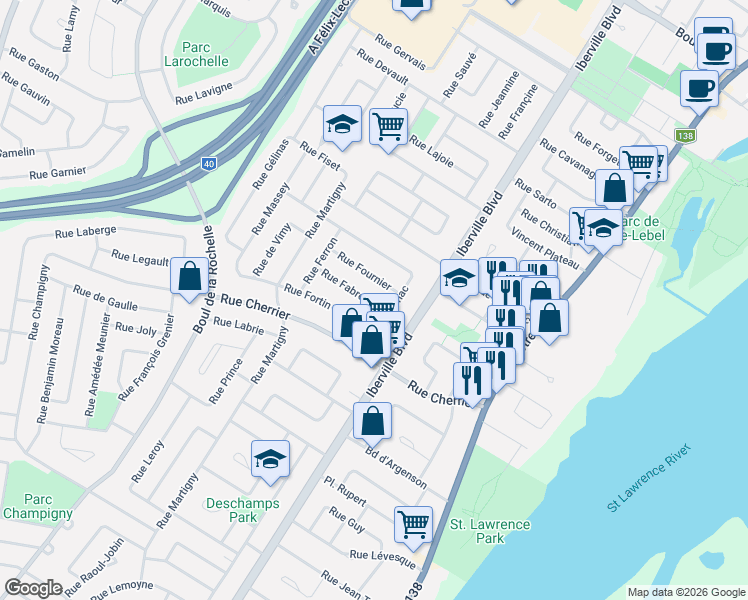 map of restaurants, bars, coffee shops, grocery stores, and more near 316 Rue Fabre in Repentigny