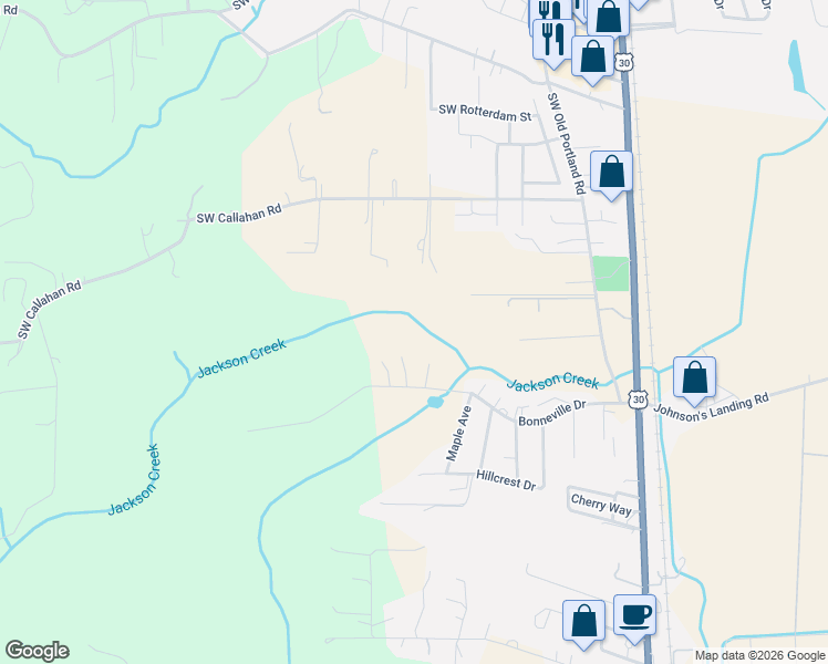 map of restaurants, bars, coffee shops, grocery stores, and more near 33151 Bonneville Drive in Scappoose