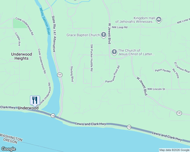 map of restaurants, bars, coffee shops, grocery stores, and more near 825 Southwest Pucker Huddle Road in White Salmon