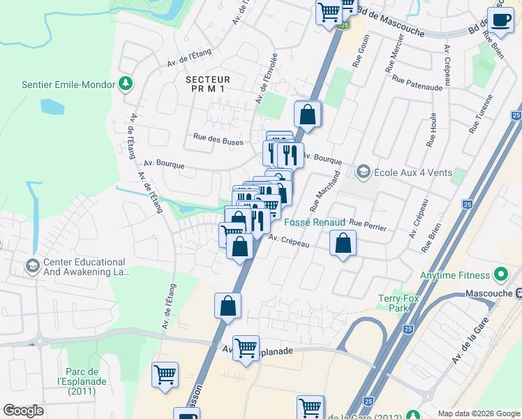map of restaurants, bars, coffee shops, grocery stores, and more near 500 Montée Masson in Mascouche