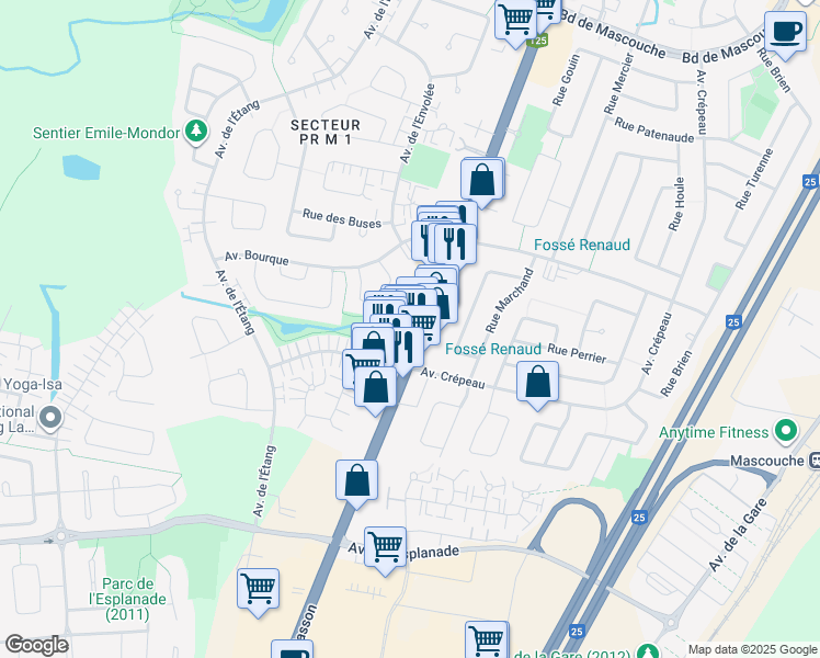 map of restaurants, bars, coffee shops, grocery stores, and more near 500 Montée Masson in Mascouche