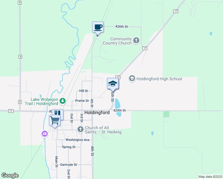 map of restaurants, bars, coffee shops, grocery stores, and more near 901 5th Street in Holdingford