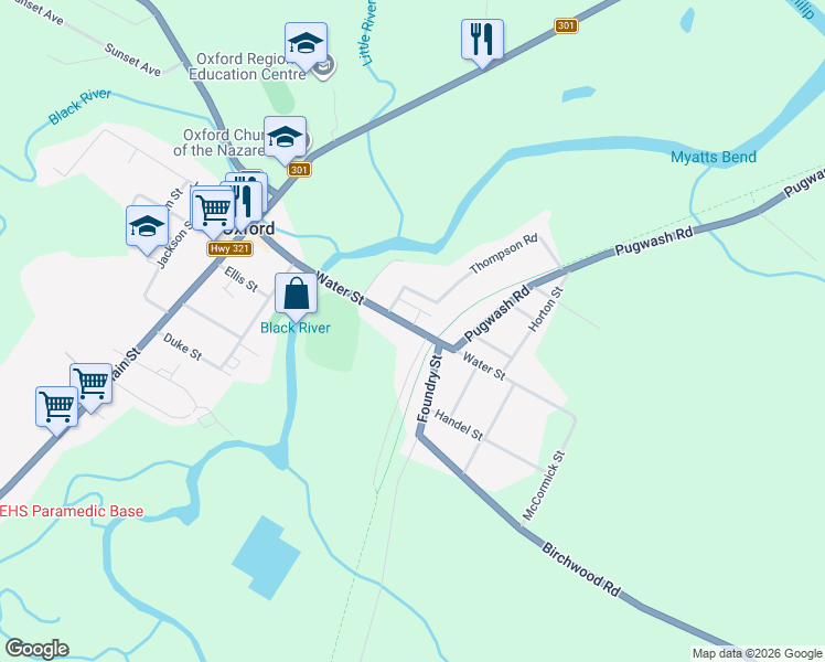 map of restaurants, bars, coffee shops, grocery stores, and more near 232 Nova Scotia 204 in Oxford