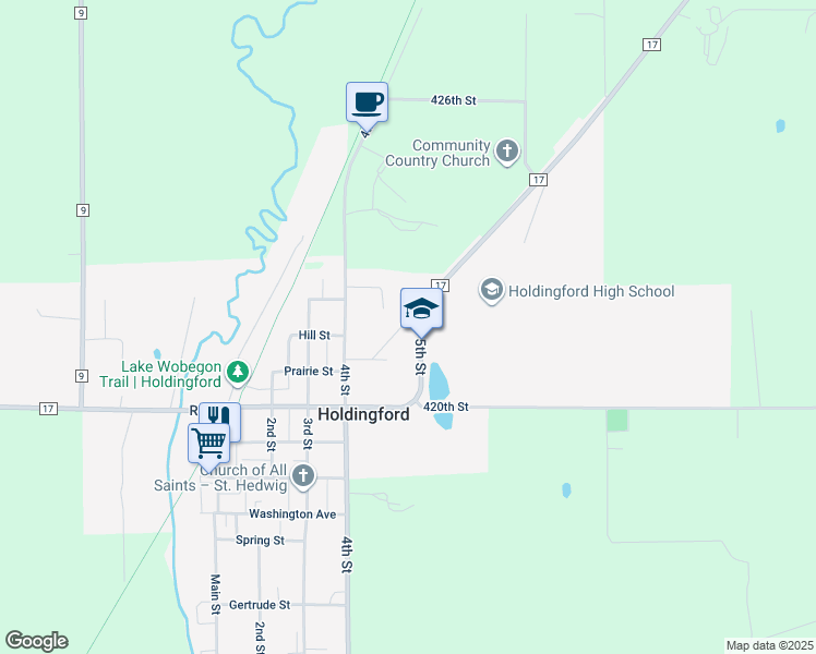 map of restaurants, bars, coffee shops, grocery stores, and more near 921 5th Street in Holdingford