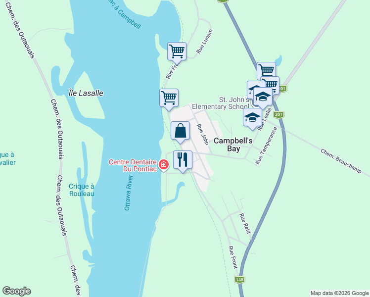 map of restaurants, bars, coffee shops, grocery stores, and more near 142 Rue Front in Campbell's Bay