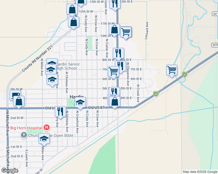 map of restaurants, bars, coffee shops, grocery stores, and more near 501 North Custer Avenue in Hardin