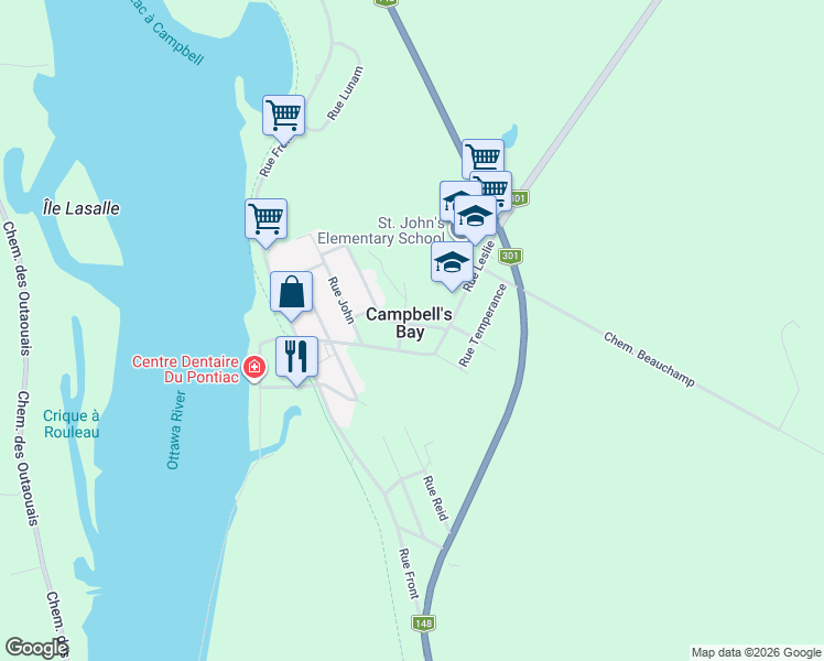 map of restaurants, bars, coffee shops, grocery stores, and more near 17 Rue Borden in Campbell's Bay