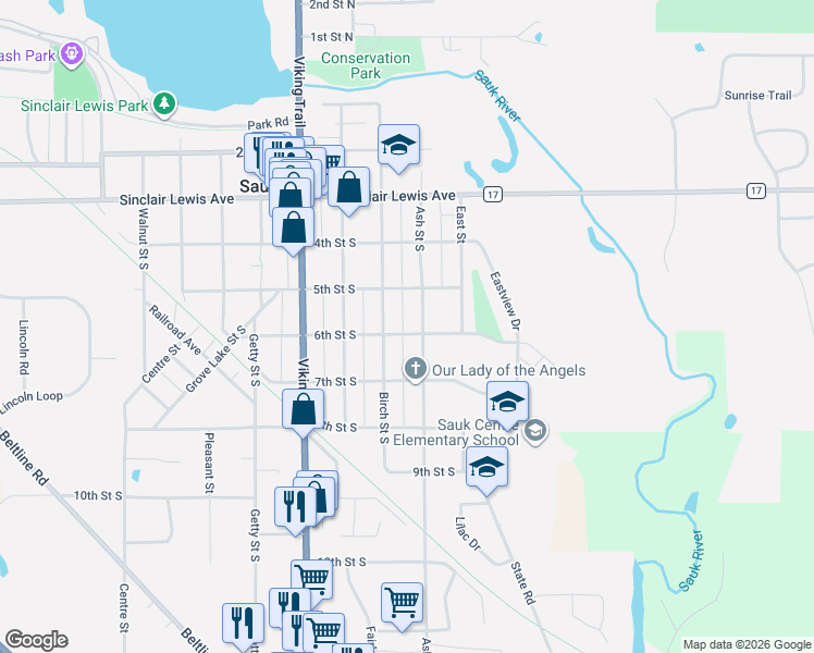 map of restaurants, bars, coffee shops, grocery stores, and more near 535 Birch Street South in Sauk Centre