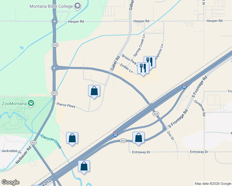 map of restaurants, bars, coffee shops, grocery stores, and more near 3671 Pierce Parkway in Billings