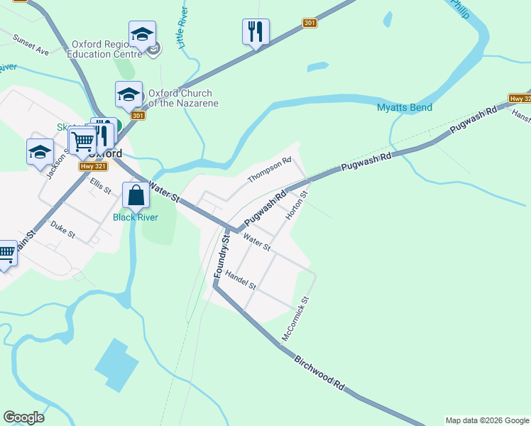map of restaurants, bars, coffee shops, grocery stores, and more near 56 Pugwash Road in Oxford