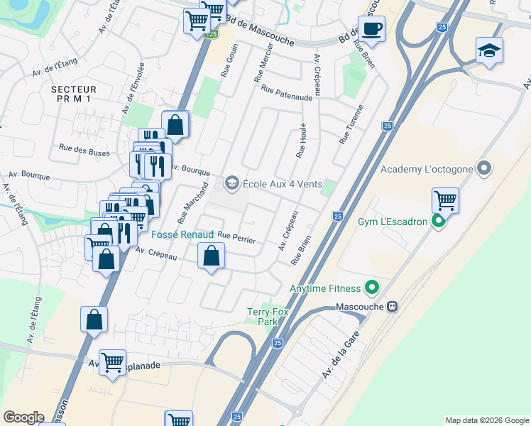 map of restaurants, bars, coffee shops, grocery stores, and more near 3054 Rue Godbout in Mascouche