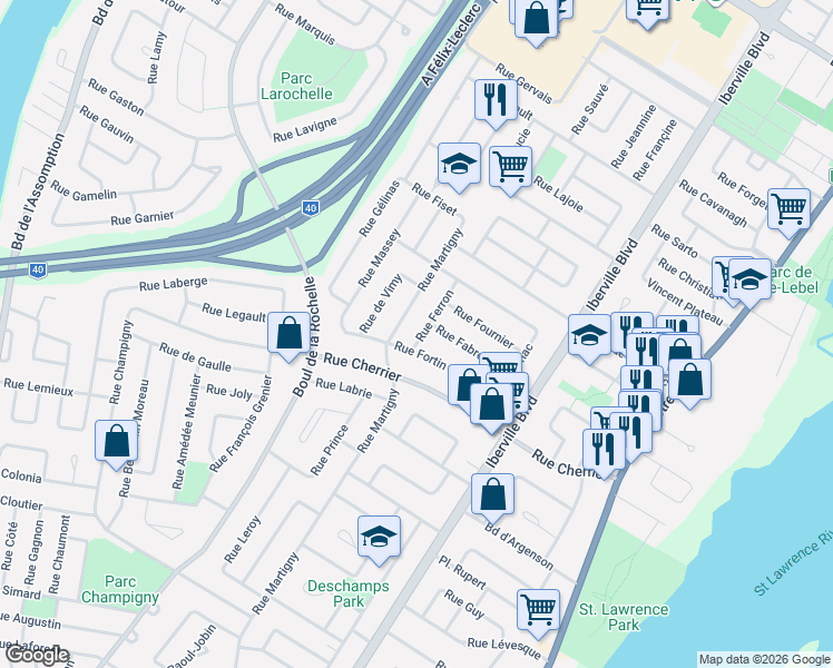 map of restaurants, bars, coffee shops, grocery stores, and more near 309 Rue Ferron in Repentigny