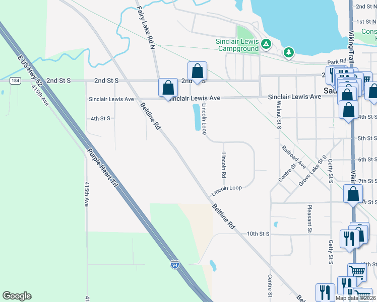 map of restaurants, bars, coffee shops, grocery stores, and more near 1454-1956 Beltline Road in Sauk Centre