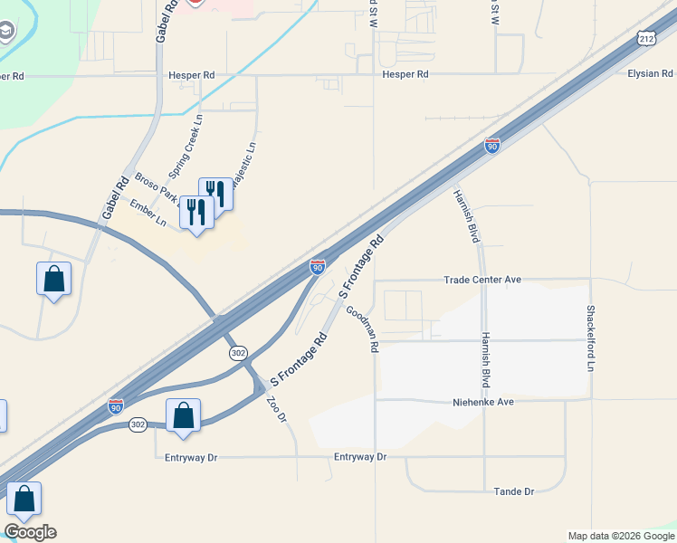 map of restaurants, bars, coffee shops, grocery stores, and more near 7239 South Frontage Road in Billings