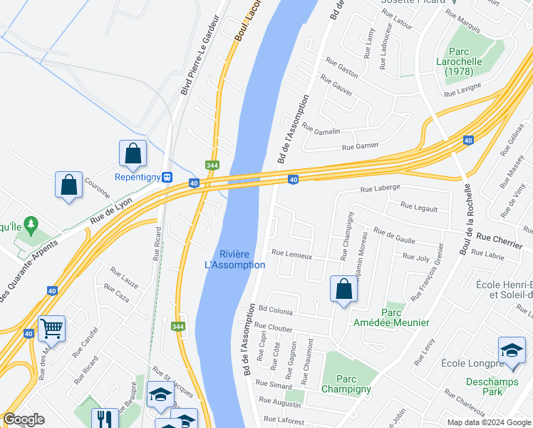 map of restaurants, bars, coffee shops, grocery stores, and more near 239 A Boulevard de l'Assomption in Repentigny