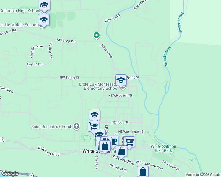 map of restaurants, bars, coffee shops, grocery stores, and more near 213 Northeast Cherry Street in White Salmon