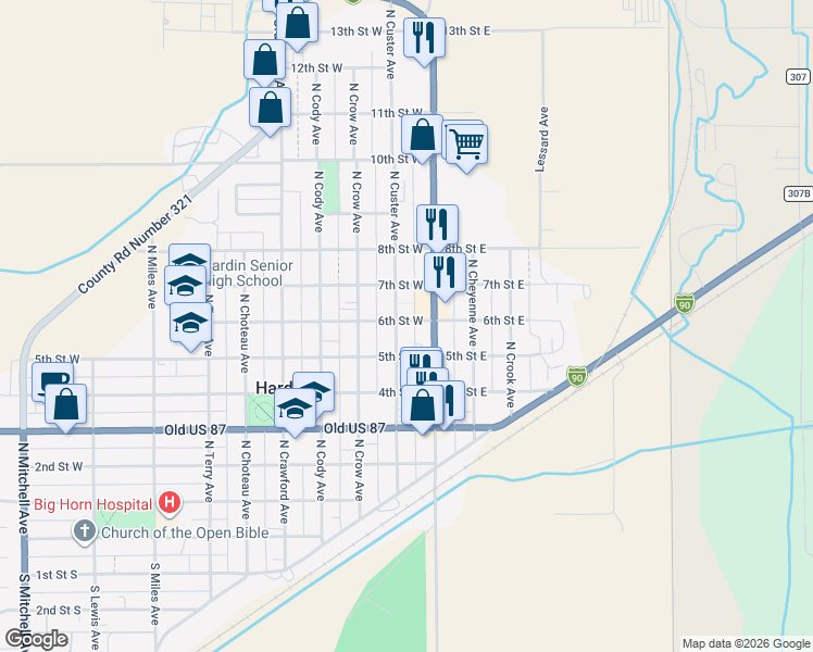 map of restaurants, bars, coffee shops, grocery stores, and more near 501 North Custer Avenue in Hardin