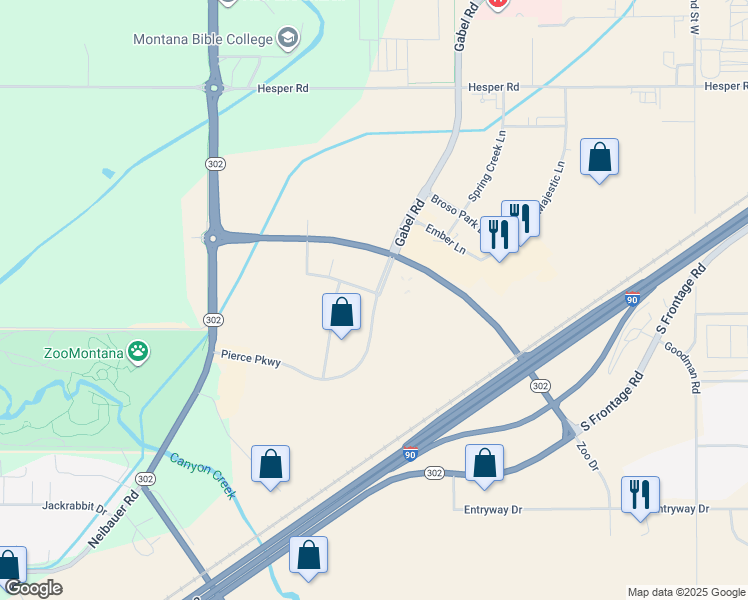 map of restaurants, bars, coffee shops, grocery stores, and more near 3671 Pierce Parkway in Billings